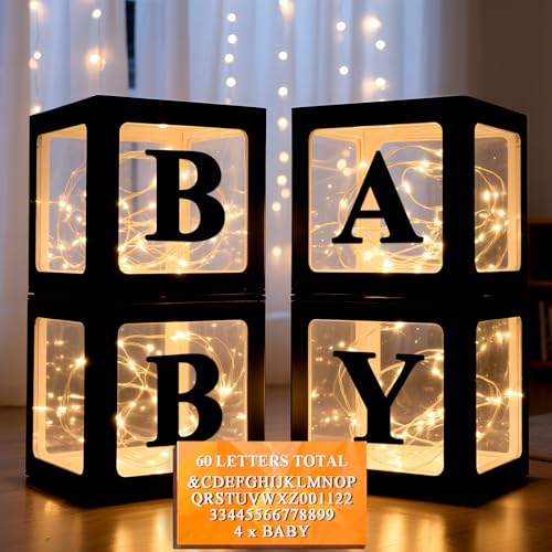 Ledido Baby Boxes with Letters for Baby Shower Decorations, 4 Pcs Transparent Balloon Boxes Blocks with Fairy String Light...