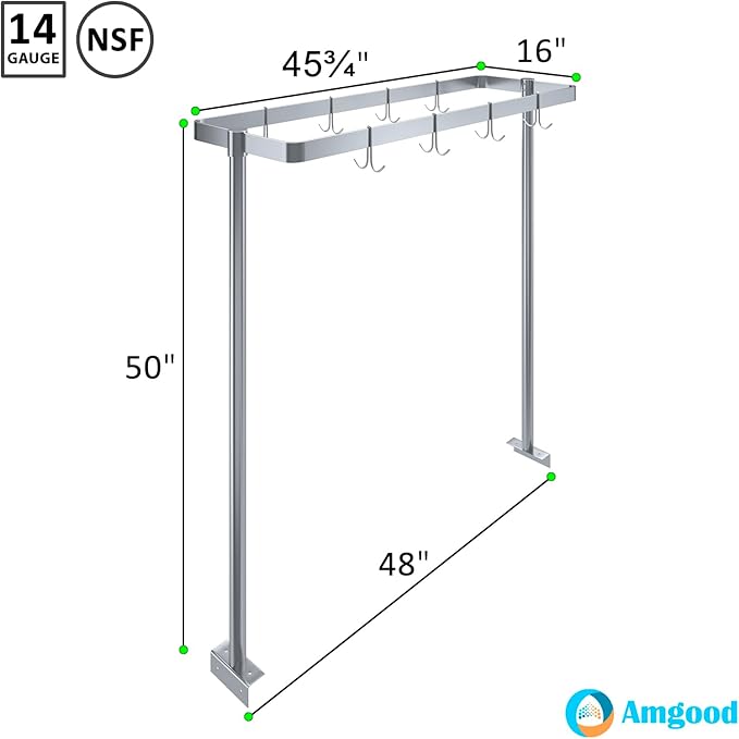 AmGood 48 in. Stainless Steel Table-Mounted Pot Rack With 8 Hooks