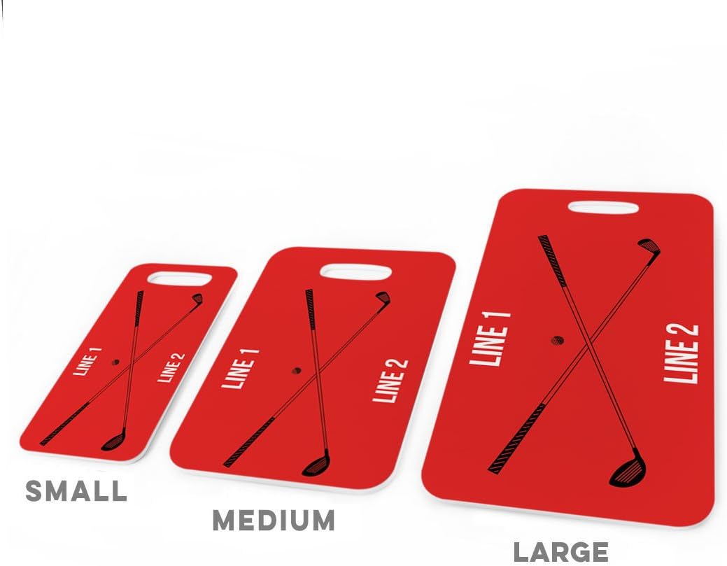 ChalkTalkSPORTS Golf Luggage & Bag Tag | Personalized Crossed Golf Clubs | Standard Lines on Back | Medium | Red/Black