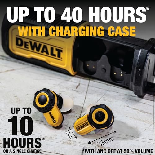 DEWALT Heavy Duty Bluetooth Jobsite Pro X2 ANC True Wireless Earbuds, Active Noise Cancelling Work Earbuds, Turn Dial Cont...