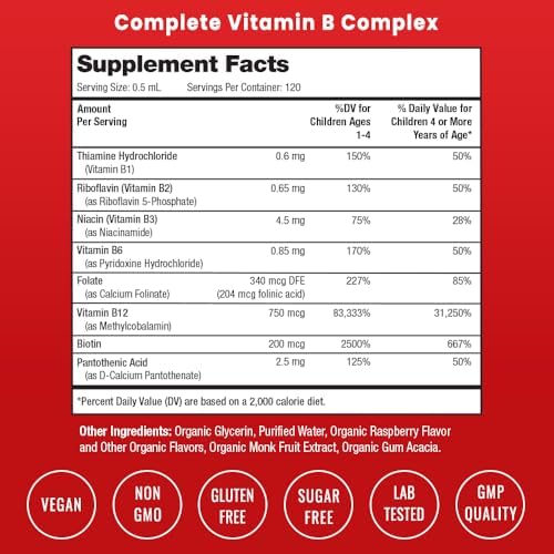 NutraChamps Vitamin B Complex for Kids, B1, B2, B3, B6, B7, B9 & Methyl B12, Kids B Complex Liquid Drops Supplement, Energy, Focus, Metabolism, Natural Berry, 120 Servings, 4 Month Supply