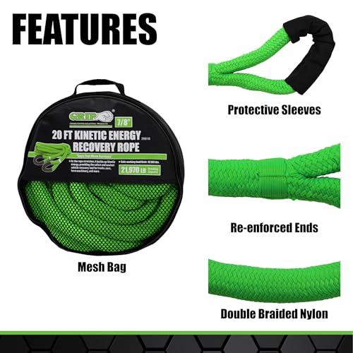 Grip 20' x 7/8" Kinetic Energy Recovery Rope - Breaking Capacity: 21,970 lbs - Truck, ATV, Jeep, UTV, Tractor - Emergency,...