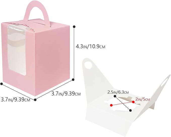 Bakepacker Auto-pop up Individual Cupcake Boxes with Window 60 Count Pink Single Cupcakes Box 3.7 x 3.7 x 4.3inch Cupcake Carrier