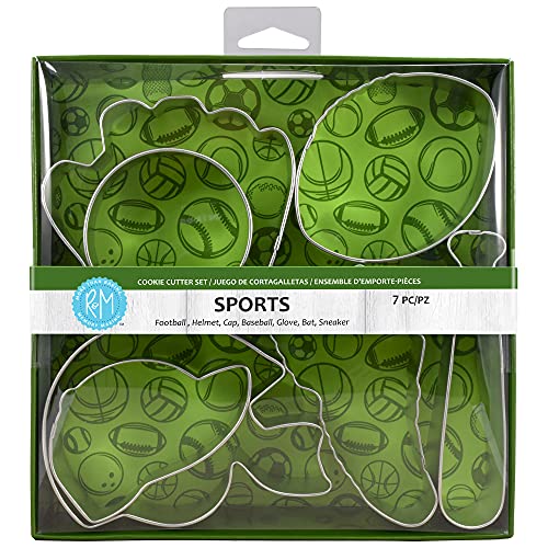 R&M International Sports Cookie Cutters, Baseball Cap, Bat, Glove, Football, Helmet, Sneaker, Circle, 7-Piece Set