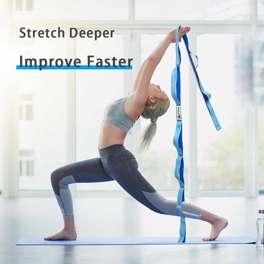 Stretching Strap Yoga Strap with Loops, Stretch Straps for Physical Therapy, Non-Elastic Exercise Strap for Pilates, Dance and Gymnastics with Workout Guide (Black+Blue/Light Blue)