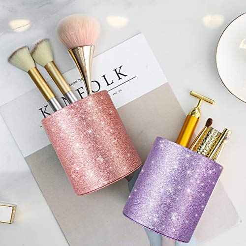 WAVEYU Pen Holder for Desk, Pencil Cup Pink Glitter Bling for Women Girls, Luxury Makeup Brush Holder Large Pu Leather Mul...