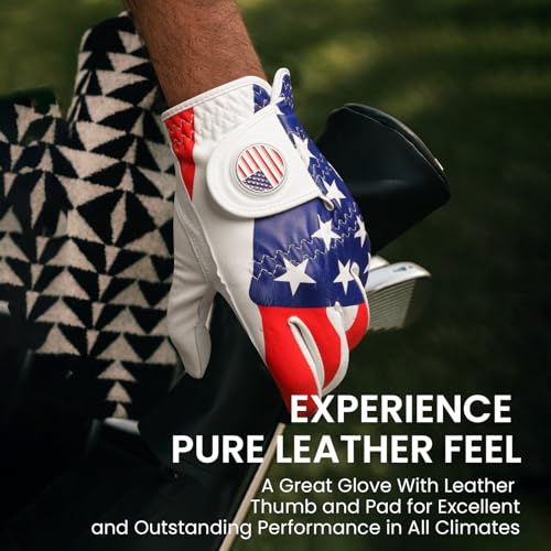 Amy Sport Golf Gloves Men Right Handed Golfer Left Hand Leather with Ball Marker Value 3 Pack, Color Leather Glove All Wea...
