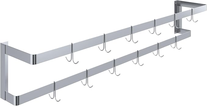 AmGood 72 in. Wall-Mounted Stainless Steel Single-Line Pot Rack. Includes 12 double pring hooks