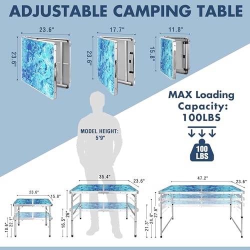 VILLEY Folding Camping Table 3FT, Adjustable Height Portable Aluminum Table with Handle, Lightweight Foldable Table for Ou...