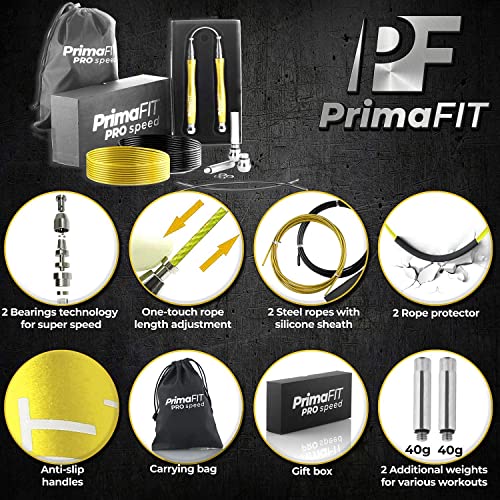 PrimaFIT Jump Rope Pro Speed Skipping Rope Adjustable Adult Jumping Rope Weighted Aluminium Handles for Double Dutch Boxin...