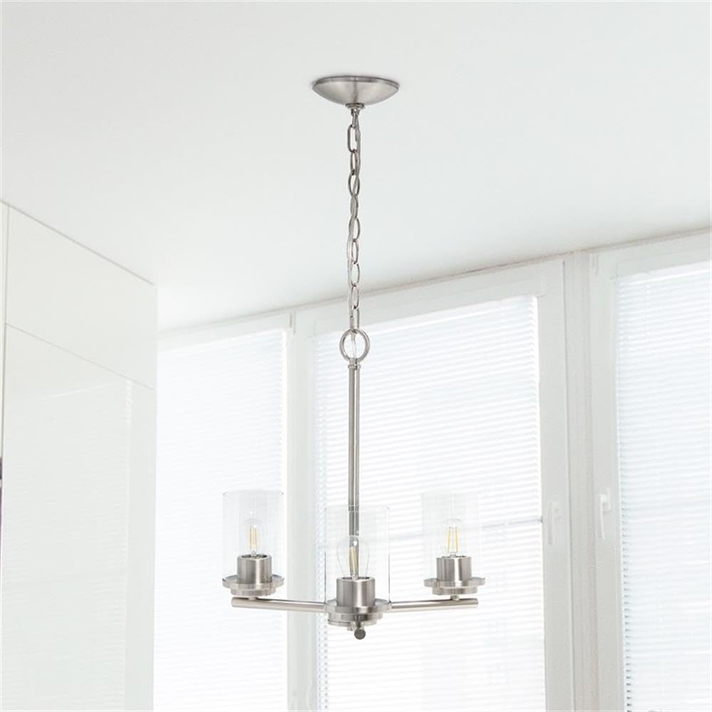 LALIA HOME 3-Light Pendant Chandelier, Clear Glass & Metal, 15in Brushed Nickel, Model LHP-3012, Ideal for Kitchen, Foyer, Living Room
