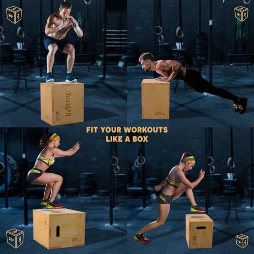 Yes4All Plyo Box, 3-in-1 Wooden Box Jumps for Home Gym, 450 lbs Boxes Step Up with Smooth Edges & Wide Built-in Handles fo...