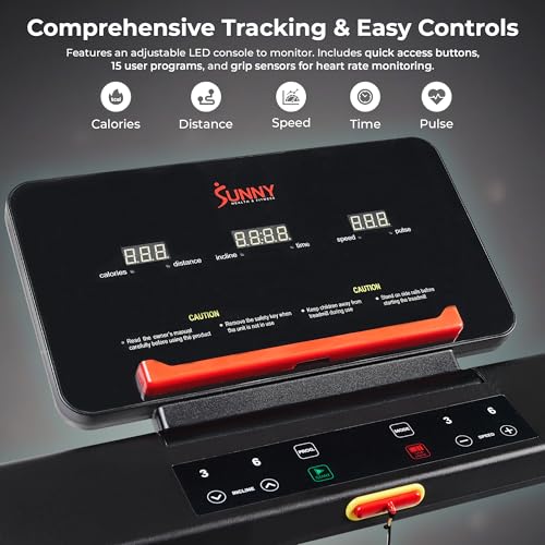 Sunny Health & Fitness Interactive Slim Folding Treadmill for Home, Running or Walking with Quiet Brushless, Shock Absorpt...