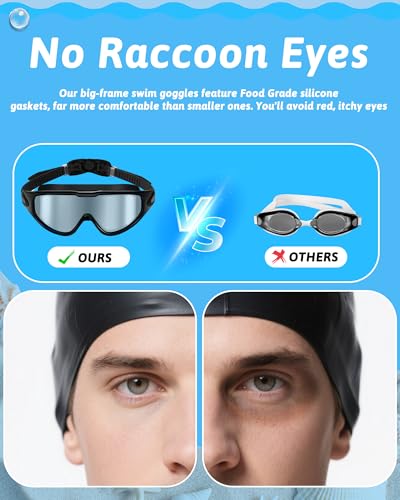 Hurdilen Swim Goggles, Anti Fog Anti UV, Wide View and No Leaking Swimming Goggles & Swim Cap for Men Women Adult Youth