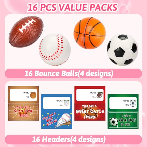 Valentines Day Gifts for Kids, 16 PCS Stress Balls Sports Valentines Day Cards for Kids Foam Bouncy Ball Party Favor for K...