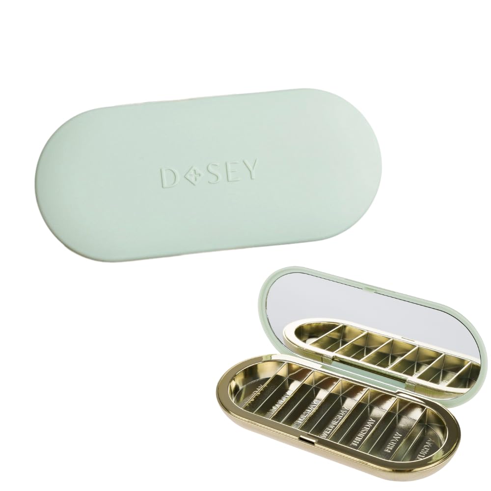 Dosey 7 Day Pill Compact Travel Pill Organizer - Pill Case with 7 Pill Compartments for Medicine Storage & Protection – Stylish & Elegant Medication Organizer with Mirror, Sage