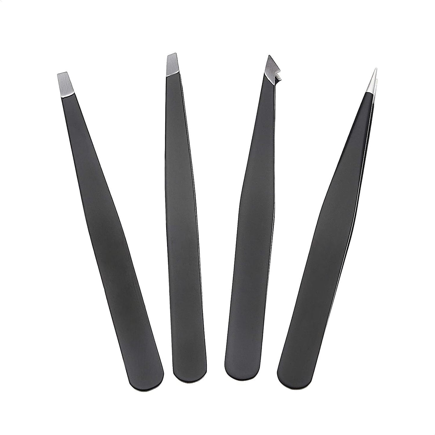 Amazon Basics Tweezers for Facial Hair, Eyebrows, Eyelashes - Set of 4, Professional Stainless Steel Travel Case, Black