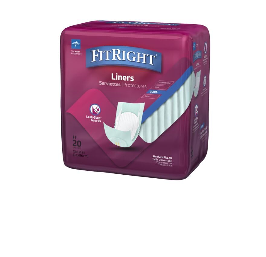 Medline FitRight Plus Liners, Heavy Absorbency, 13 x 30, 4 packs of 20 (80 total)