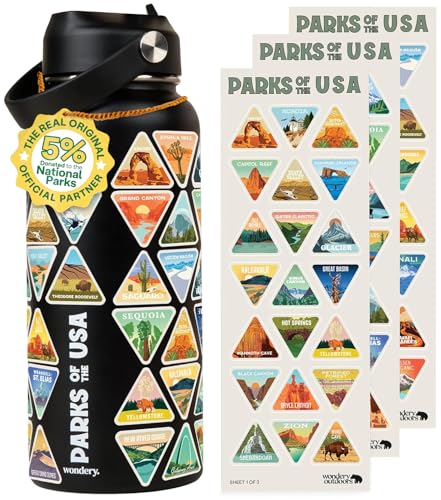 Wondery Parks of the USA® Water Bottle With 63 Waterproof Stickers of Parks (USA), 32 oz Stainless Steel Water Bottle for ...