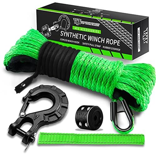 TYT Synthetic Winch Rope Kit - 1/4'' x 50' with 10000 lbs Strength, Protective Sleeve, Heavy Duty Hook, Rubber Stopper, & ...