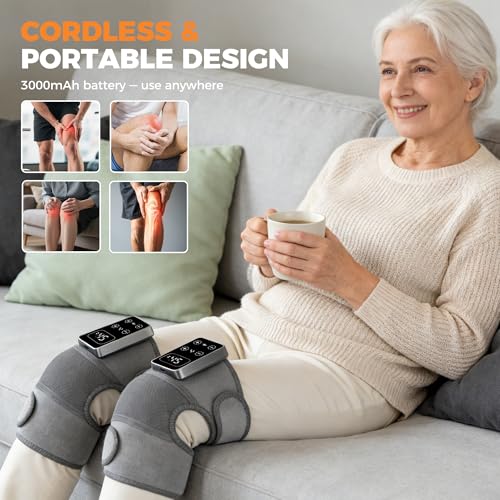 YAZHI Cordless Knee Massager for Pain Relief – Electric Heated Knee Brace, 5 Heat Levels & 3 Massage Modes, Gifts for Men ...