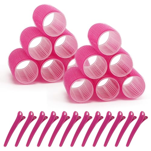 Hair Rollers, 12 Pack Hair Curler Small Hair Rollers for Women, Self Grip Hair Roller with Clips, Rose Red (Medium PLUS)