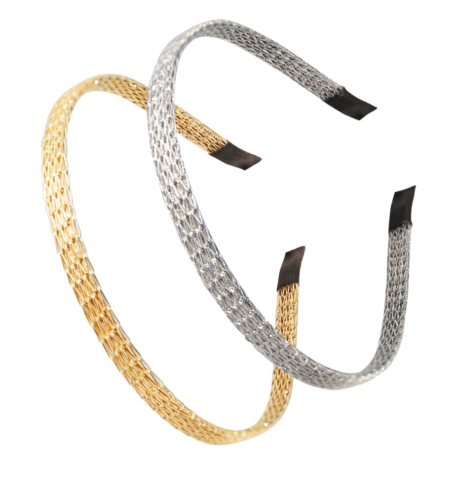 YARN & INK Women's Thin Mesh Headbands, 2 Pcs Gold Silver Metal Hair Accessories for Daily Wear