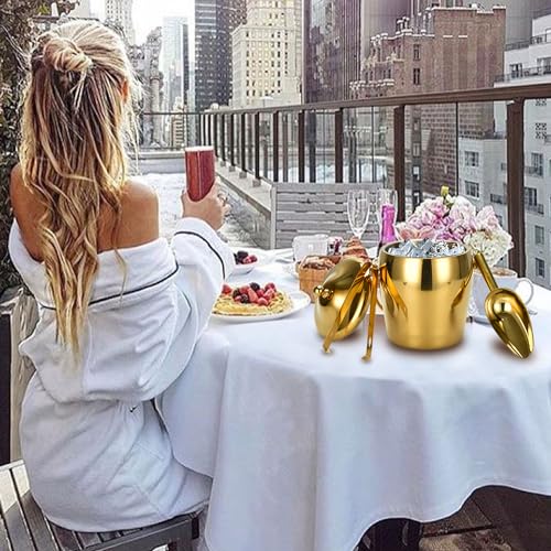 Ice Bucket Champagne Bucket with Tongs Scoop Lid, Double Wall Wine Bar Freezer Ice Bucket with Stand & Carrying Handle, St...