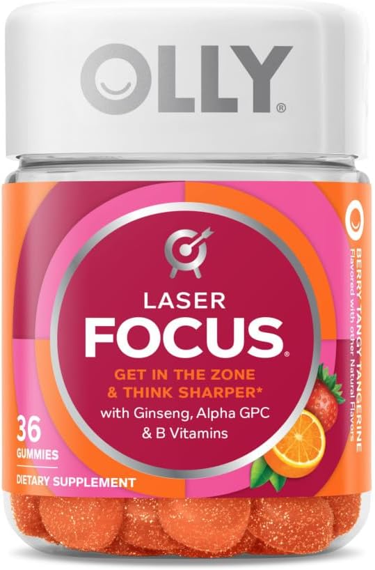 OLLY Laser Focus Gummy, Alpha GPC, B Vitamins, Berry Tangerine, 36 Count & Daily Energy Gummy, Vitamin B12, CoQ10, Goji Berry, Tropical, 60 Count