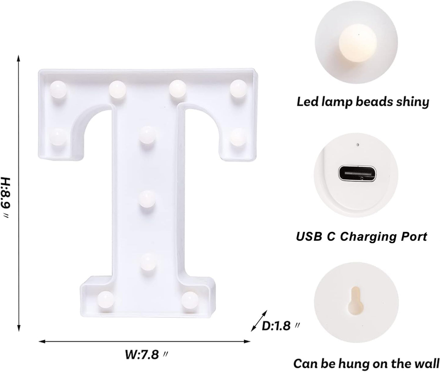 Foaky Rechargeable LED Letter Light Sign, Warm Plastic Marquee for Home Bar Decoration, Size T, Model Recharge-ABS