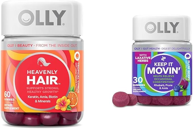 OLLY Hair Gummies with Keratin & Biotin and Constipation Relief Gummies with Rhubarb & Prunes - 60 + 30 Count