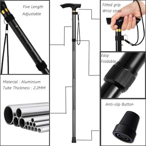 YOBOKO Aluminum Alloy Walking Sticks & Foldable Anti-Slip Hiking Stick - Length Adjustable for Elderly