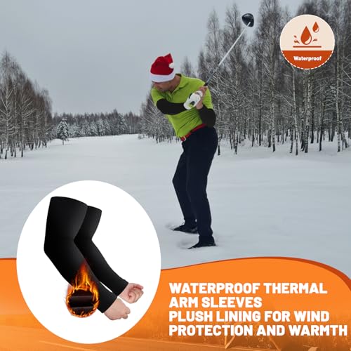 Cutecrop 2 Pairs Waterproof Thermal Arm Sleeves for Men Fleece Compression Arm Warmers for Winter Outdoor Cycling Running