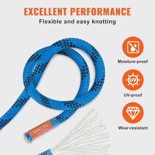VEVOR 12.7mm Static Climbing Rope, 45.7M(150ft) Outdoor Rock Climbing Rope 30KN Breaking Tension, Fiber Rope for Escape, R...