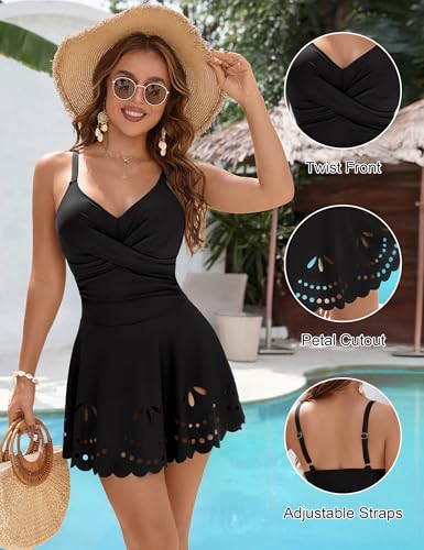 Blooming Jelly Womens One Piece Swimsuit Tummy Control with Cutout Skirt Bathing Suit Modest Twist Front Swim Dress