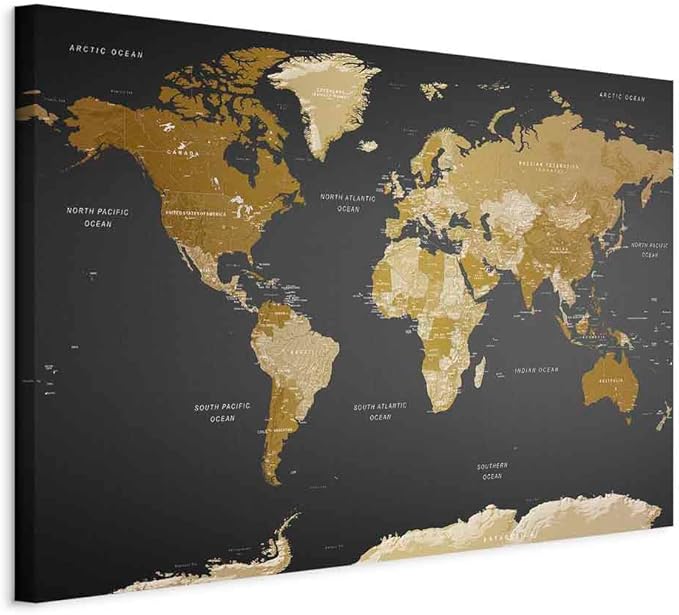 artgeist Canvas Wall Art Print World Map 35x24 in - 1pcs Home Decor Framed Stretched Picture Photo Painting Artwork Image World Travel Map k-A-0104-b-c
