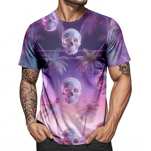 Hawaiian T Shirts for Men - Skull Palm Tree | Short Sleeve Crewneck Hawaiian Graphic Tees Summer Tops,for Travel
