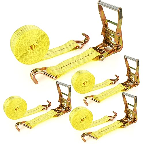 4 Pack 2 Inch Ratchet Straps Heavy Duty 27ft Tie Down Straps Ratchet with Double J Hook, 10000 LBS Break Strength, Cargo R...