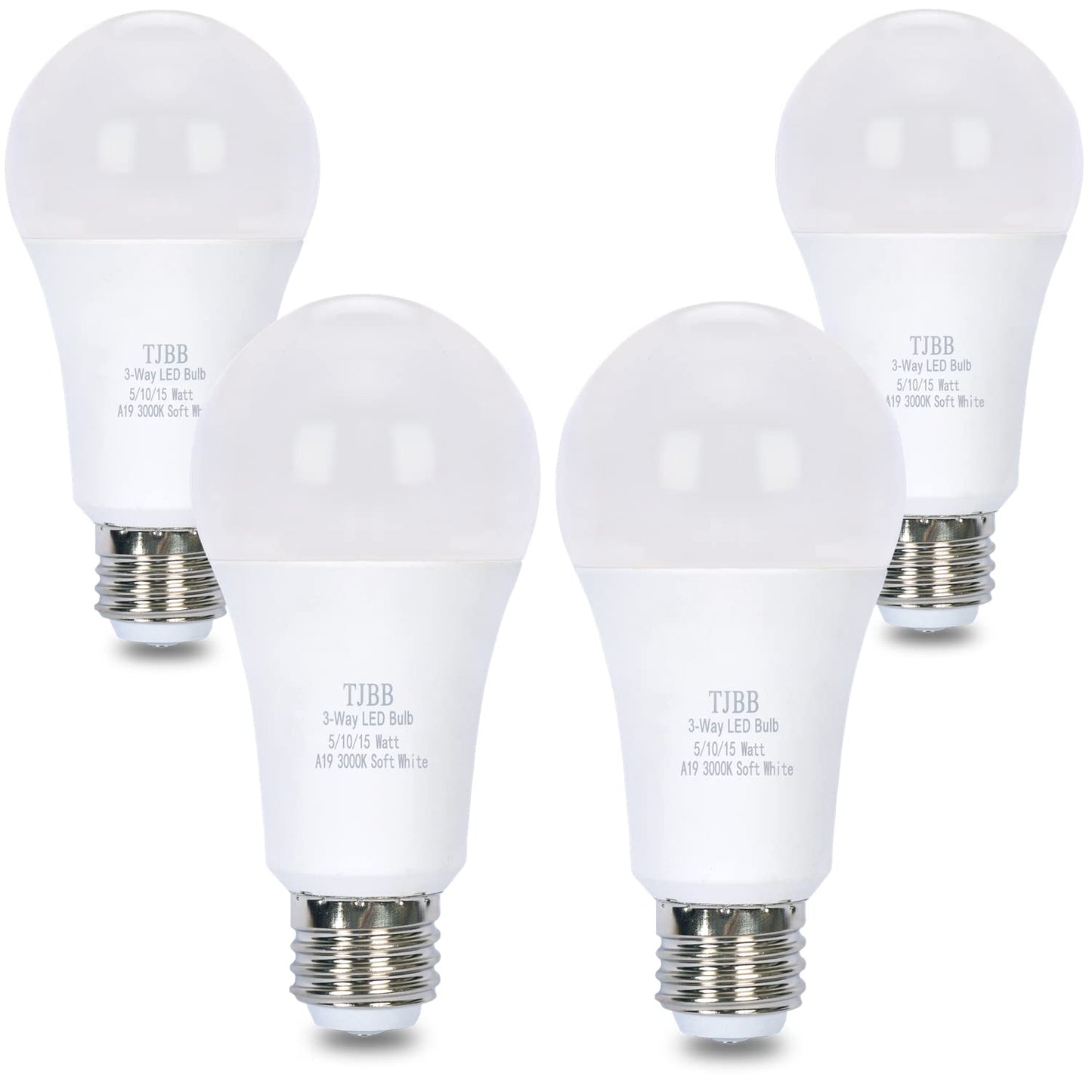4 Pack 3 Way LED Light Bulbs 50 100 150Watt Soft White 3000K Equivalent, 5/10/15W Three Way Light Bulbs A19 E26 Base, 700 1400 2100 Lumens