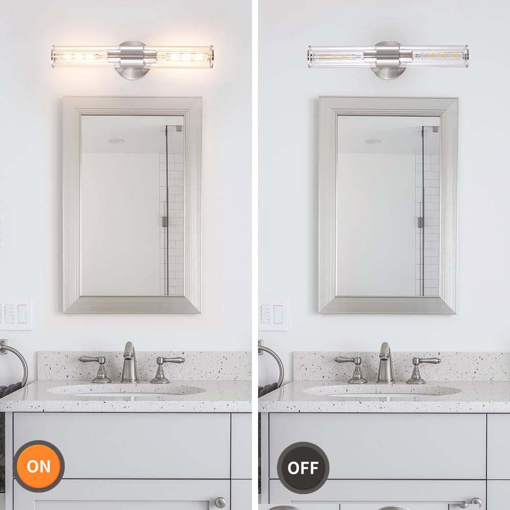 Brushed Nickel Bathroom Sconces Set Of 2  Modern Wall Sconce Lighting With Clear Glass  Harded Wired Wall Sconces Set Of Two  Wall Light Fixtures Over Mirror  Sconces Wall Lighting For Laundry  Porch