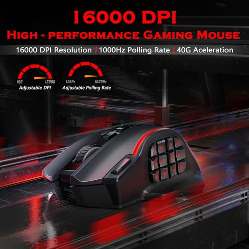 Redragon Wireless Gaming Mouse, MMO Gaming Mouse UP 16,000 DPI, 16 Macro Programmable Buttons, RGB Rechargeable with 12 Si...