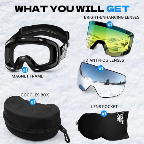 Whale Professional Ski Goggles Unisex Adult Snow Goggles Interchangeable Magnetic Replacement Lenses&Anti-Fog, Anti-UV400