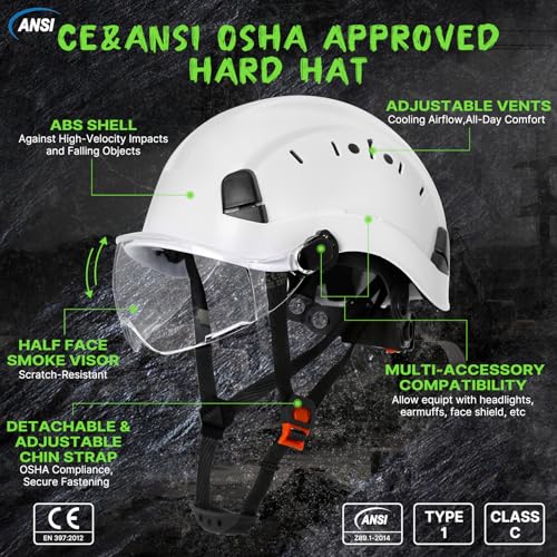AOLAMEGS Construction Safety Hard Hat with Visor-ANSI Z89.1 OSHA Approved Construction Safety Helmet,Vented White Hard Hat...