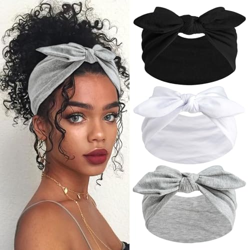 SAWINDA 3Pack Black Bow Headbands for Women Boho Wide Head Bands for Women's Hair Valentines Non Slip Elastic Hair Bands S...