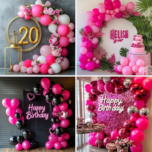 RUBFAC 135pcs Hot Pink Balloons Different Sizes 18 12 10 5 Inch for Garland Arch, Magenta Latex Balloon for Wedding Birthd...