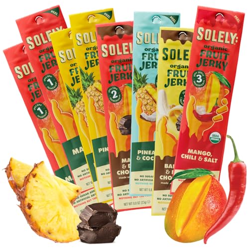 SOLELY - Organic Fruit Jerky Variety Pack - 8 Flavors, 8 Individually Wrapped Fruit Strips - Fruit Leather Made from Dried Fruit - Healthy Snacks for Adults & Kids - Non GMO, Vegan - 0.8oz (23g)