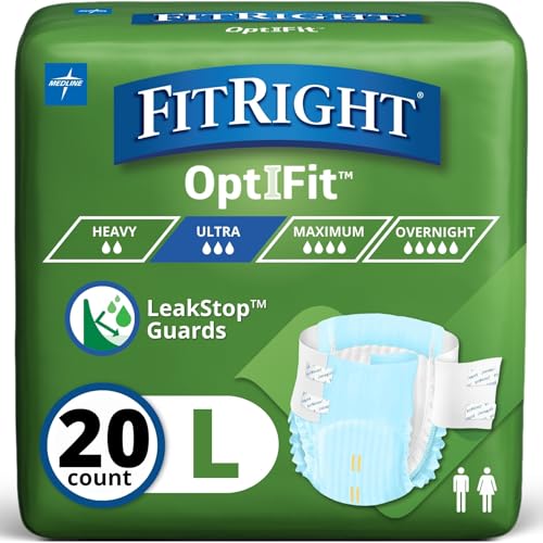 FitRight Adult Diapers, Ultra Heavy Absorbency, L (Waist Size 44in-56in), 20 Count, OptiFit Incontinence Briefs for Men an...