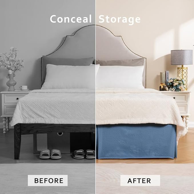 MIYE Pleated Waffle Weave Bed Skirt, Tailored Dust Ruffle 18 Inch Drop Easy Fit, Machine Washable (Blue, Queen - 18" Drop)