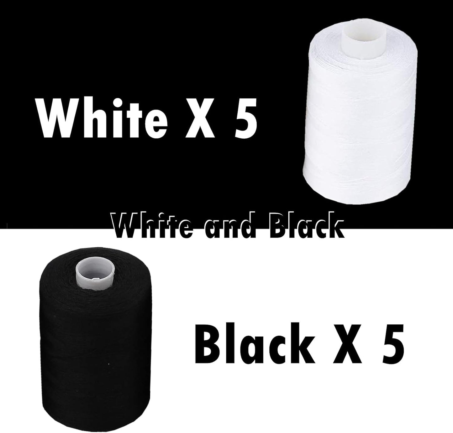 Simthread All Purpose Sewing Thread, 10 Spool (5 White+ 5 Black) 1000 Yards Each Bobbin Polyester Thread for Sewing, Handy Polyester Sewing Threads for Sewing Machine - (White and Black Series)