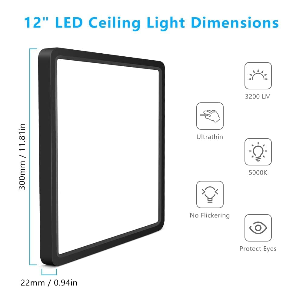 12Inch 24W Square Led Ceiling Light Fixtures Flush Mount  5000K Daylight White Led Ceiling Lamp  Surface Mount Modern Ceiling Lights  Black Slim Flat Panel Lighting For Bedroom  Kitchen  Bathroom Etc